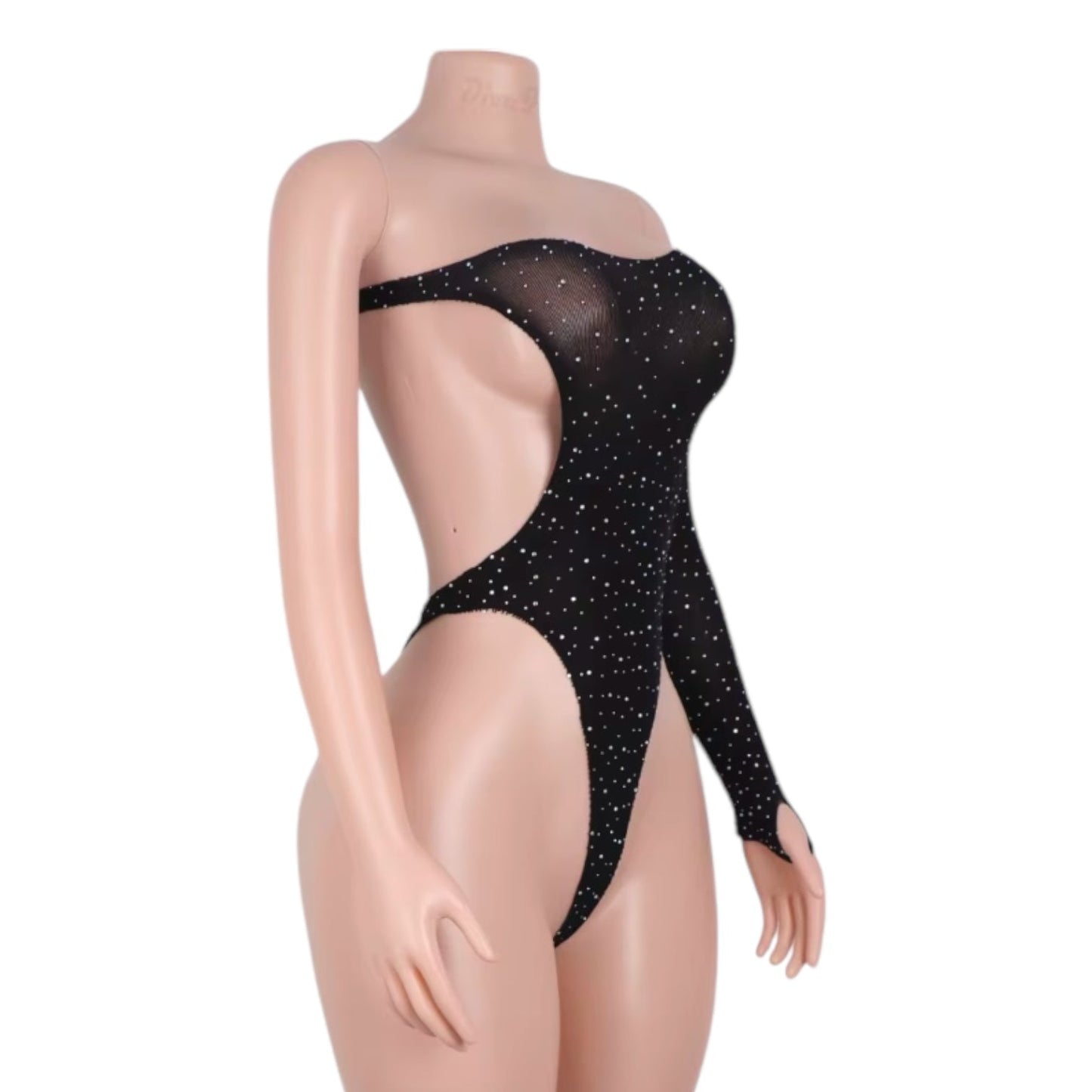 Black One Sleeve Cut out Rhinestoned Fishnet Bodysuit - GrlFriday Shop