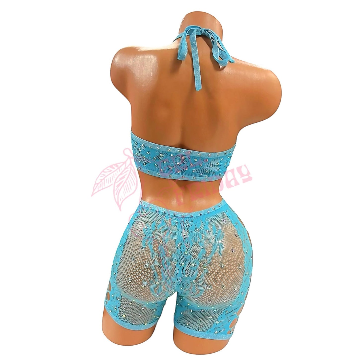 Ocean Blue Mesh Rhinestoned Halter Tie O - Ring Shorts Bodystocking - GrlFriday Shop