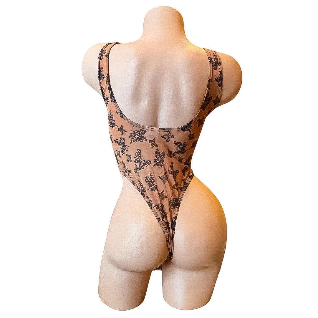 Retro High Thigh Thong Bodysuit - Mesh Black + Rust Butterflies - GrlFriday Shop