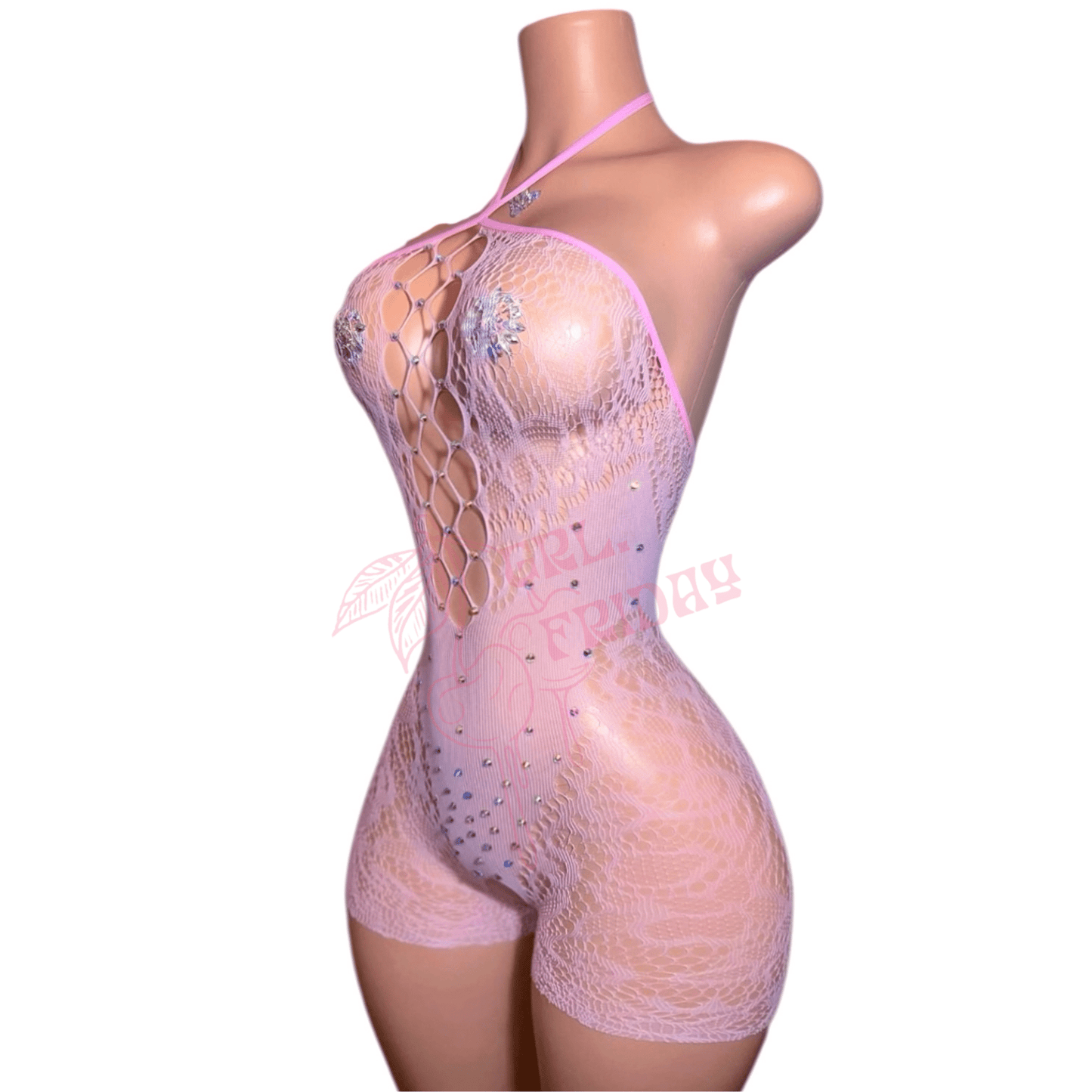 Rhinestoned Fishnet Halter Shorts Romper - Baby Pink - GrlFriday Shop