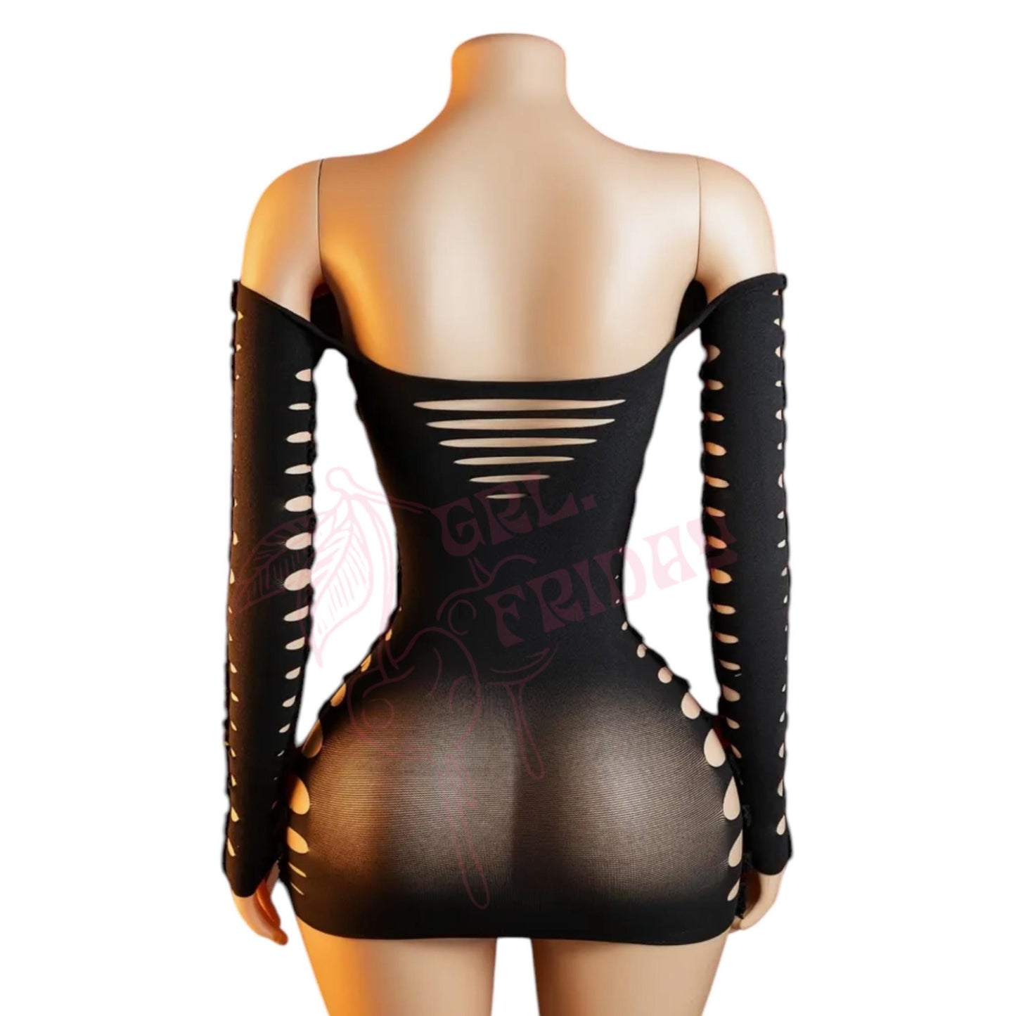 Black Sheer Shredded Long Sleeve Mini Dress