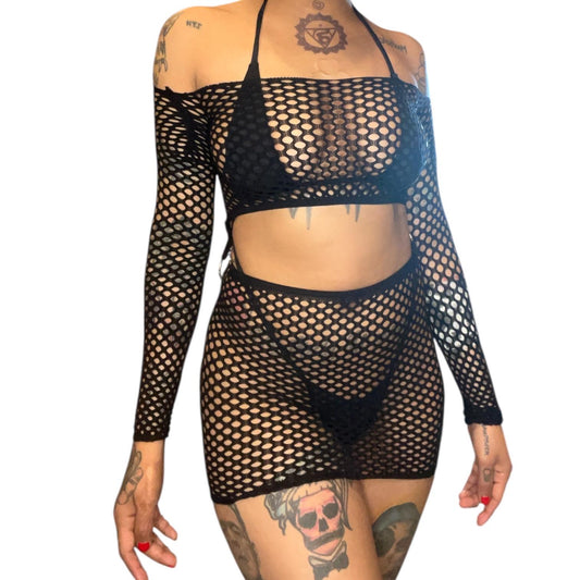 O-Ring Linked Fishnet Long Sleeve Mini Dress