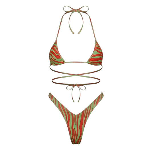 Acid Green + Poppy Red Zebra Print Retro Micro Mini Bikini Set - GrlFriday Shop