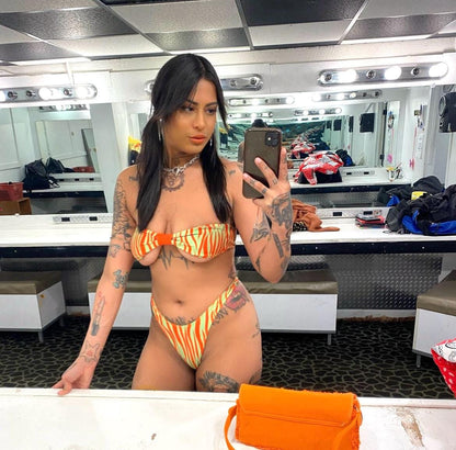 Bandeau Retro Thong Bikini - Red + Acid Green Zebra - GrlFriday Shop