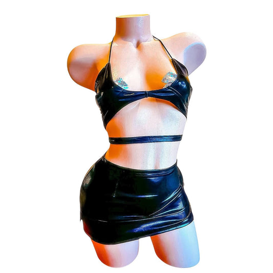 Black Faux Vegan Leather Skirt Set - EXOTIC DANCEWEAR - GrlFriday Shop