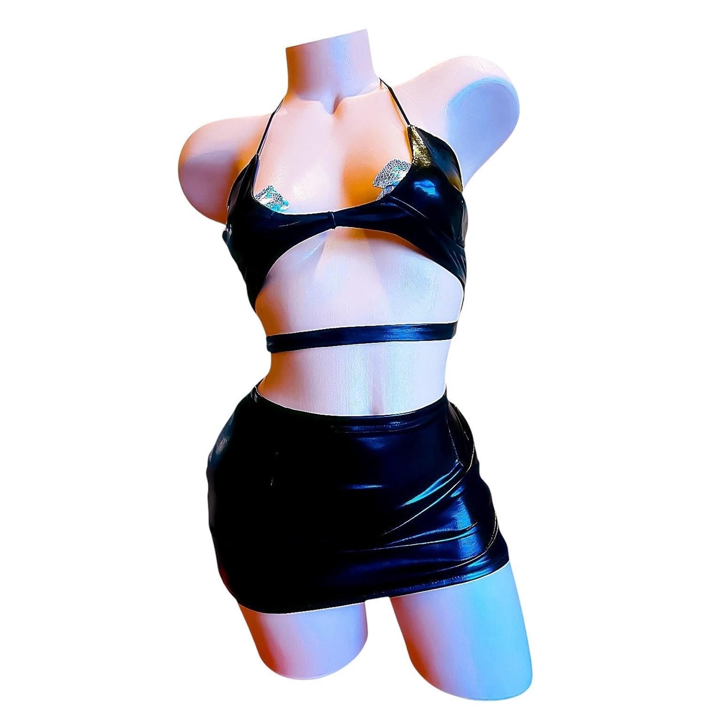 Black Faux Vegan Leather Skirt Set - EXOTIC DANCEWEAR - GrlFriday Shop