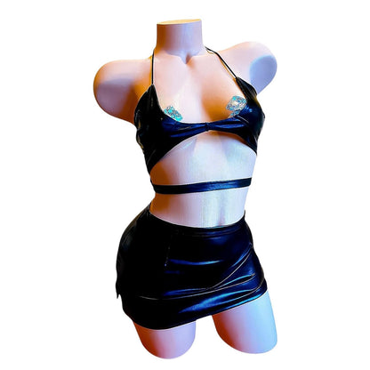 Black Faux Vegan Leather Skirt Set - EXOTIC DANCEWEAR - GrlFriday Shop