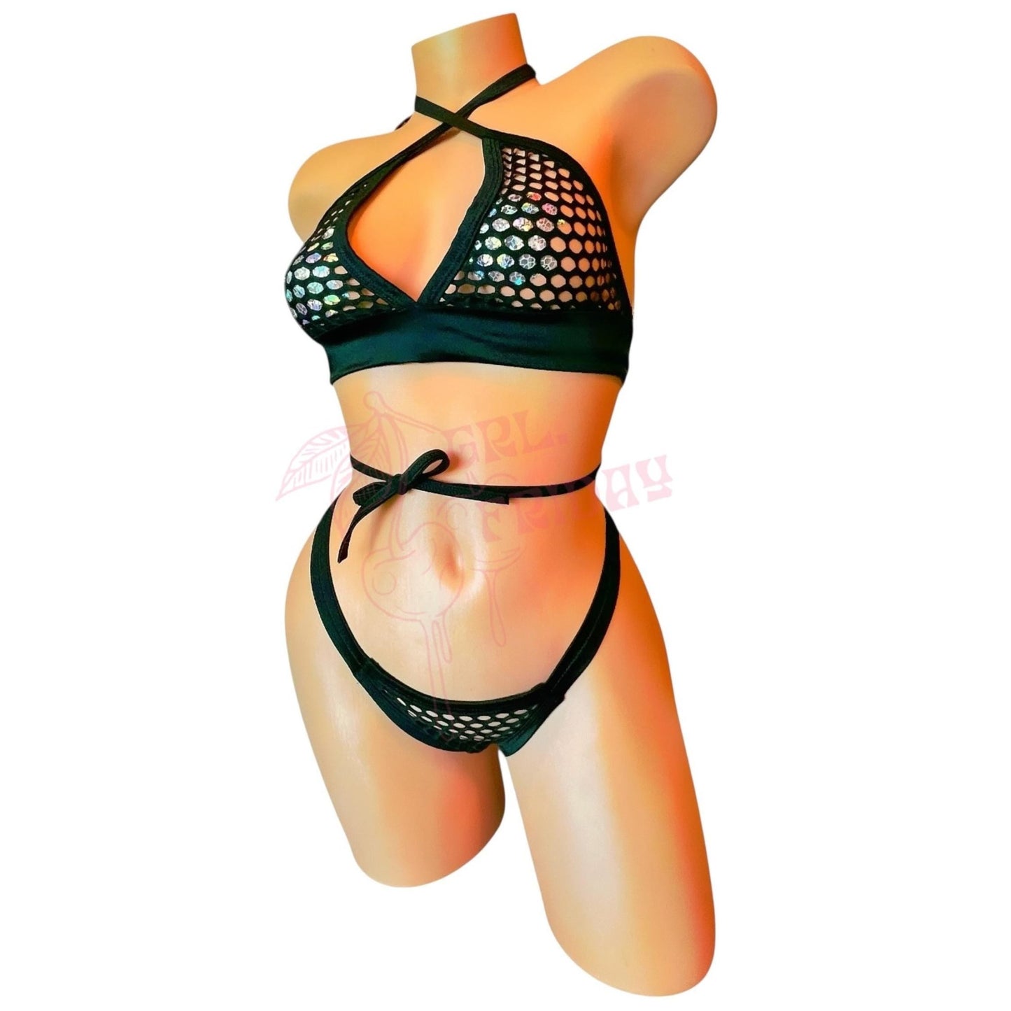 Black Fishnet Comfort Cut Thong Bikini Set - String Bikini - GrlFriday Shop
