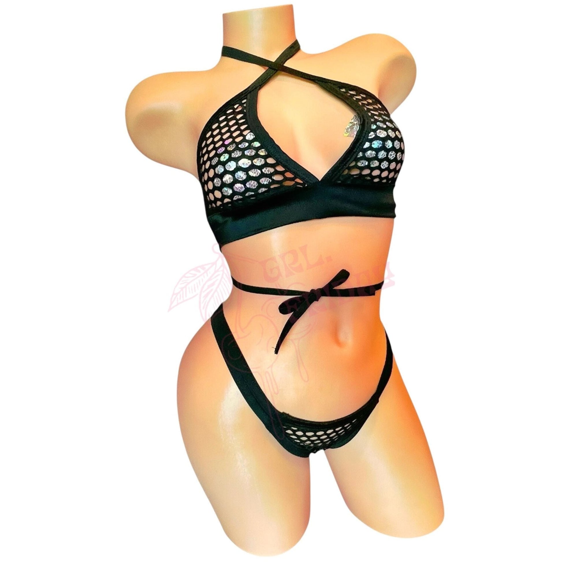 Black Fishnet Comfort Cut Thong Bikini Set - String Bikini - GrlFriday Shop