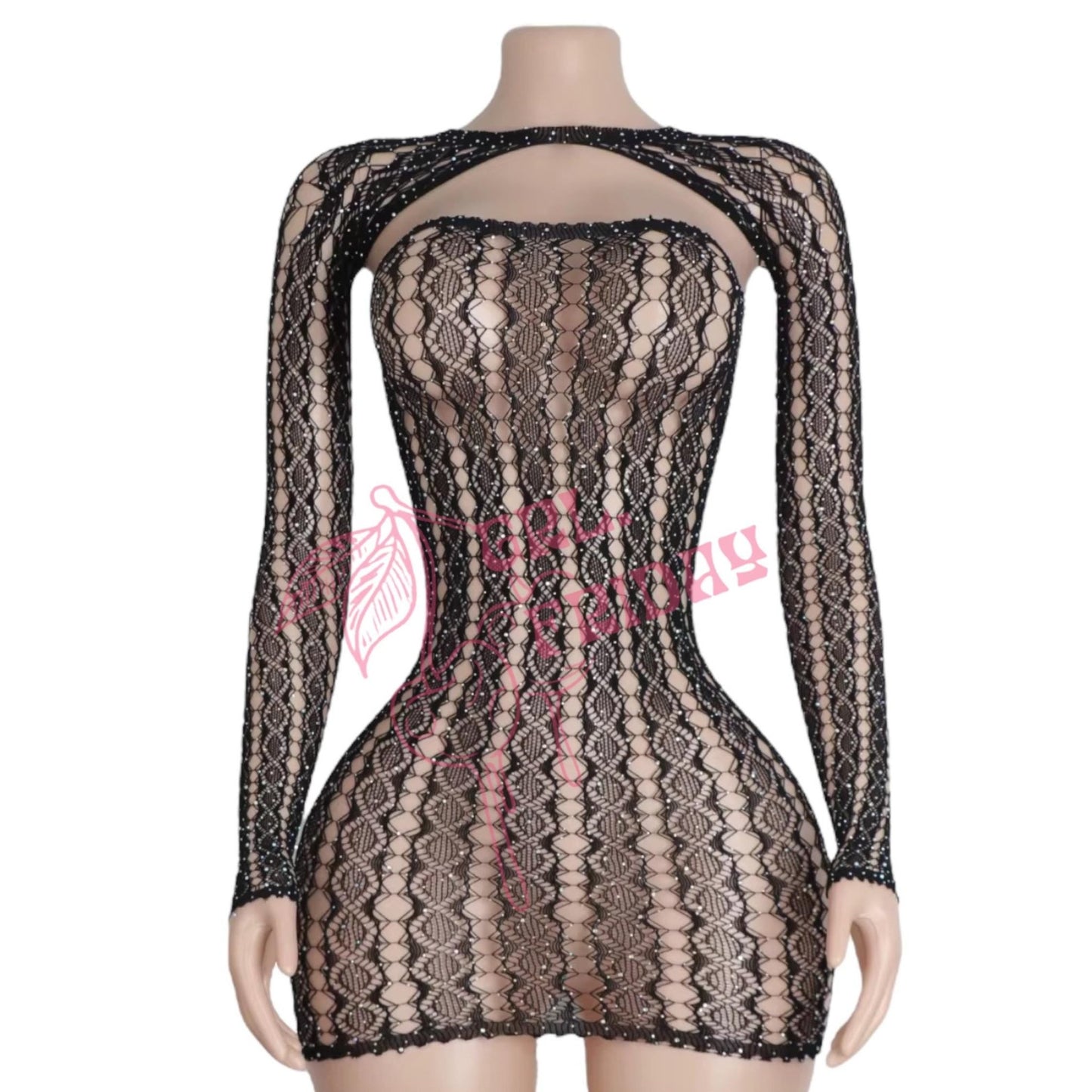 Black Lace Sheer Mesh Fishnet Mini Tube Dress with Long Sleeve Shrug - GrlFriday Shop