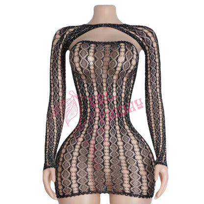 Black Lace Sheer Mesh Fishnet Mini Tube Dress with Long Sleeve Shrug - GrlFriday Shop