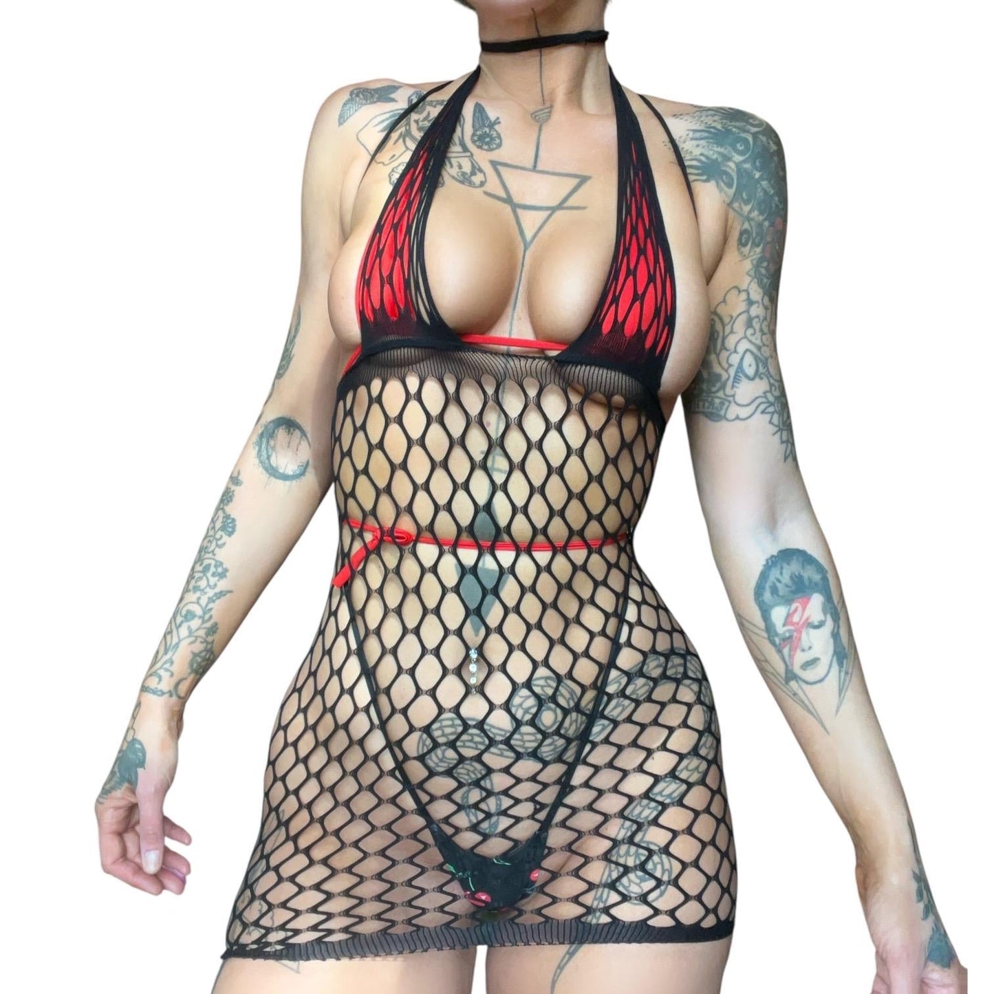 Black Large Diamond Fishnet Halter Mini Dress with Matching Black Thong - GrlFriday Shop