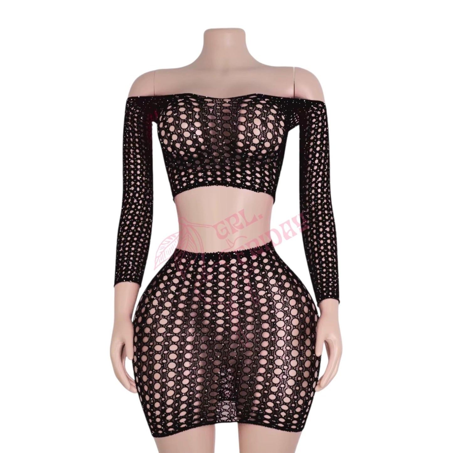 Black Long Sleeve Fishnet Skirt Set - GrlFriday Shop