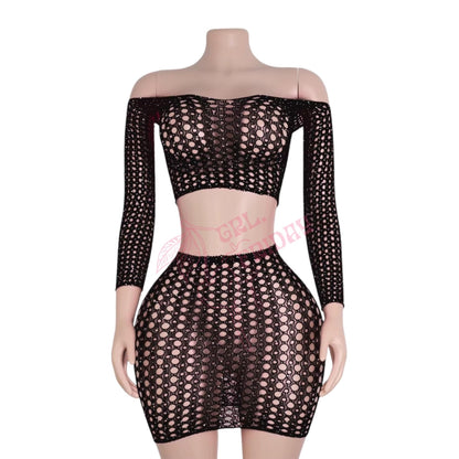Black Long Sleeve Fishnet Skirt Set - GrlFriday Shop