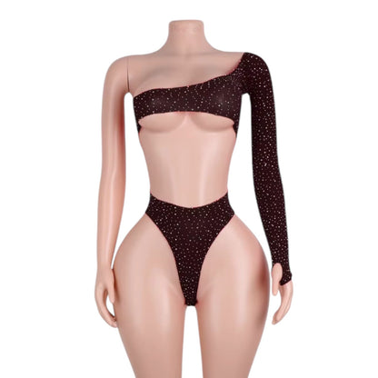 Black One Sleeve Cut out Rhinestoned Fishnet Bodysuit - GrlFriday Shop
