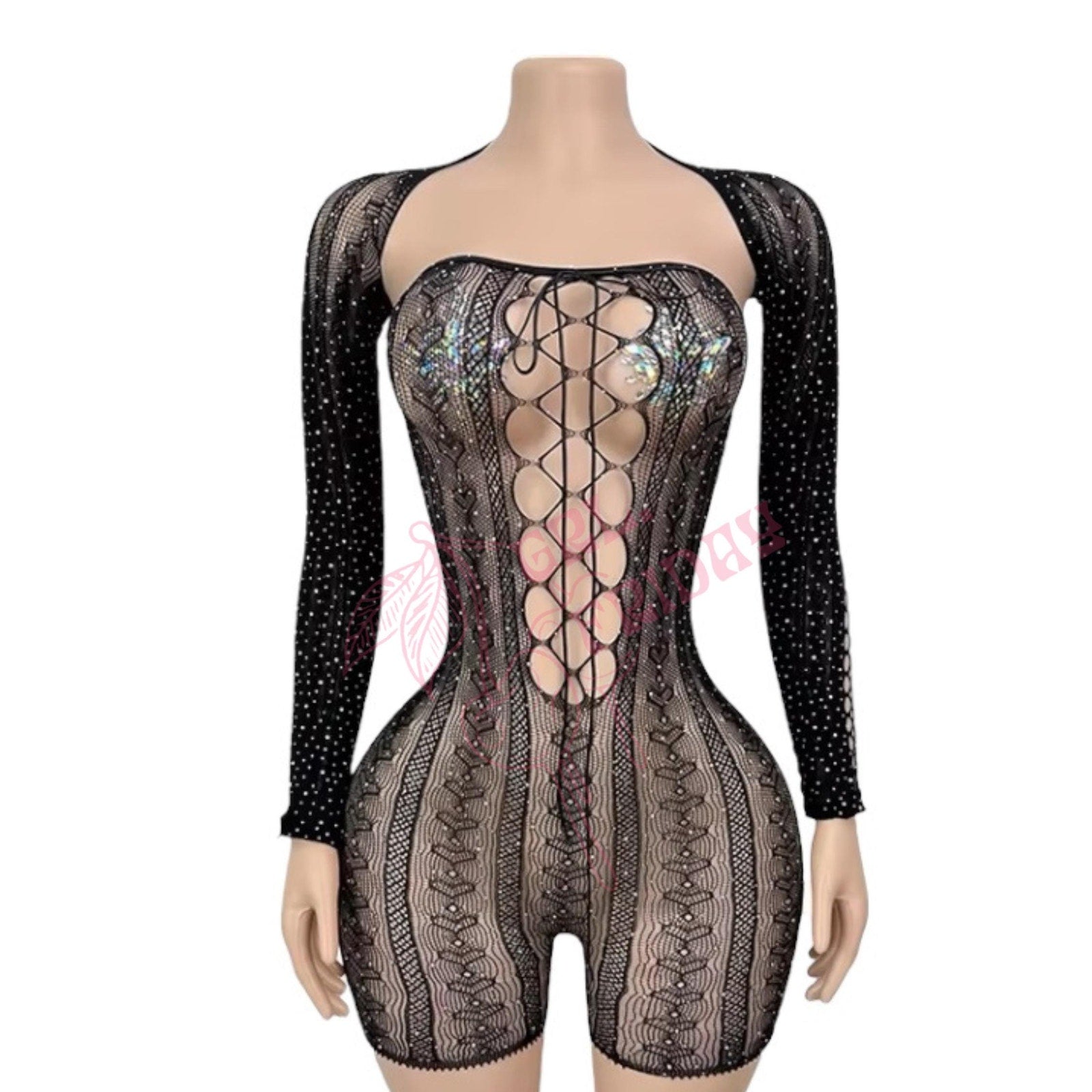 Black Rhinestoned Lace Up Sheer Mesh Fishnet Strapless Romper with Long Sleeve Shrug - GrlFriday Shop