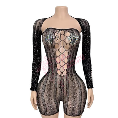 Black Rhinestoned Lace Up Sheer Mesh Fishnet Strapless Romper with Long Sleeve Shrug - GrlFriday Shop