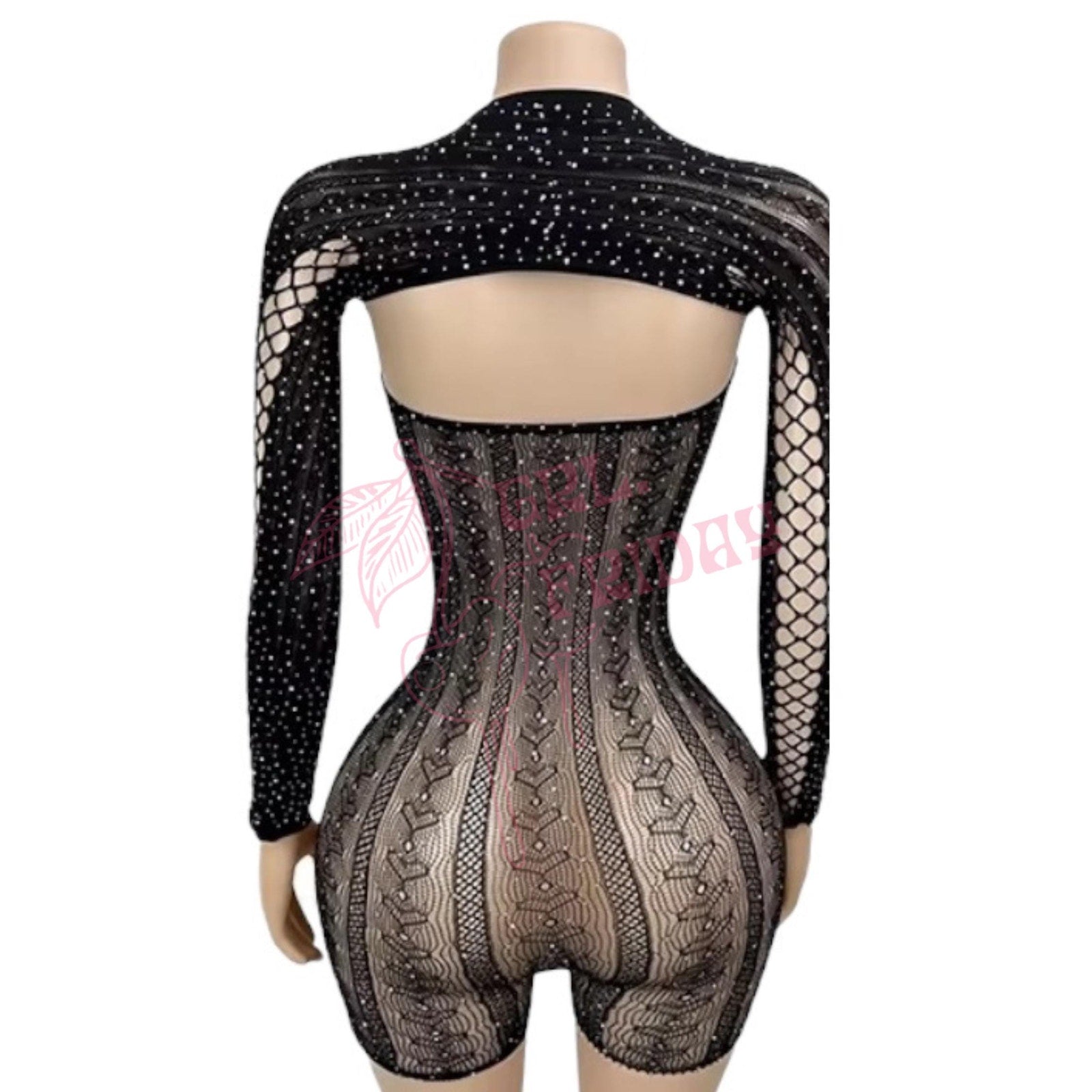 Black Rhinestoned Lace Up Sheer Mesh Fishnet Strapless Romper with Long Sleeve Shrug - GrlFriday Shop