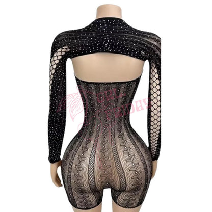 Black Rhinestoned Lace Up Sheer Mesh Fishnet Strapless Romper with Long Sleeve Shrug - GrlFriday Shop