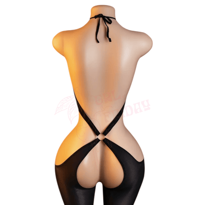 Black Sheer Halter Bodystocking with O - Ring Detail - GrlFriday Shop