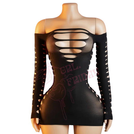 Black Sheer Shredded Long Sleeve Mini Dress - GrlFriday Shop
