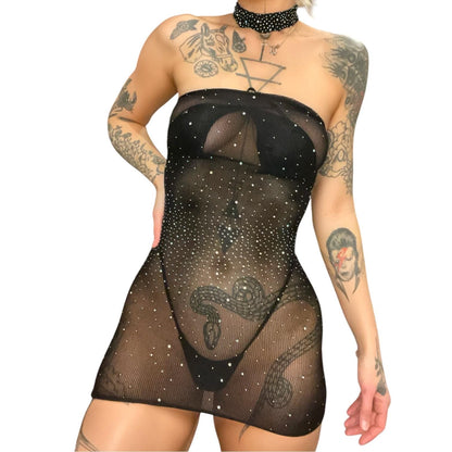 Black Strapless Sheer Dress with Rhinestones + Matching Choker - GrlFriday Shop