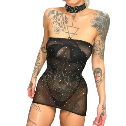 Black Strapless Sheer Dress with Rhinestones + Matching Choker - GrlFriday Shop