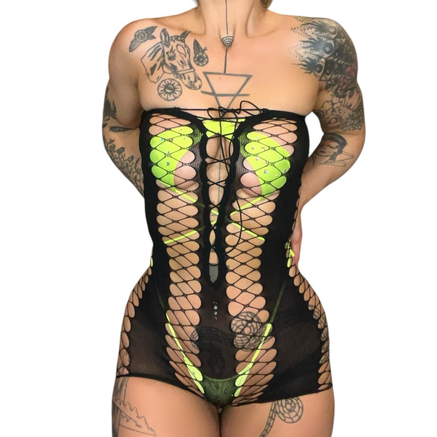 Black Strapless Striped Lace Up Fishnet Shorts Romper Bodystocking - GrlFriday Shop