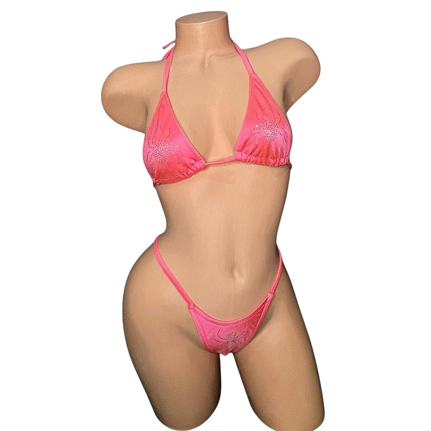Coral Rhinestoned Spider G String Thong Mini Tri - Kini Set - GrlFriday Shop