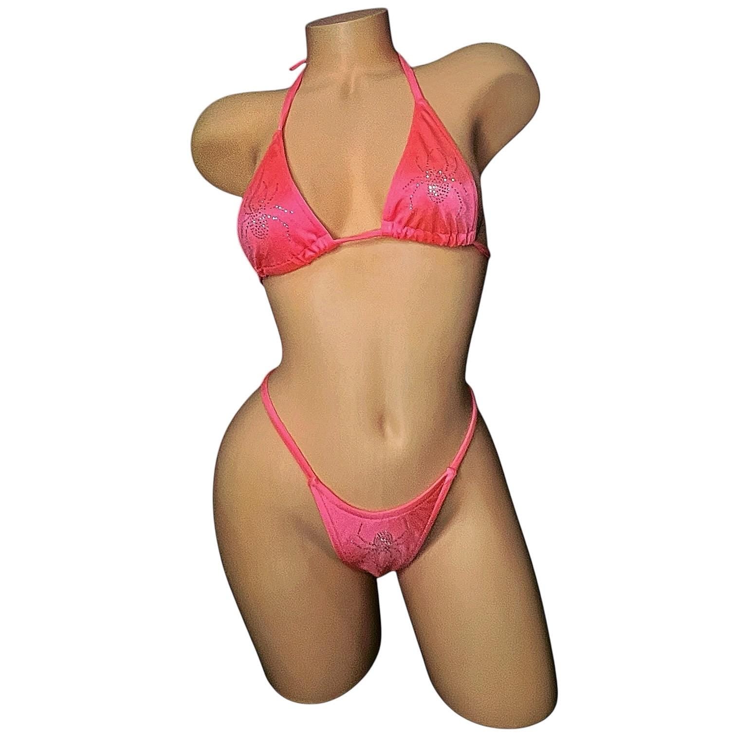 Coral Rhinestoned Spider G String Thong Mini Tri - Kini Set - GrlFriday Shop