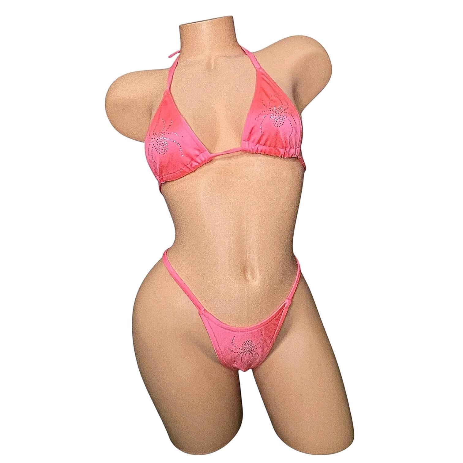 Coral Rhinestoned Spider G String Thong Mini Tri - Kini Set - GrlFriday Shop