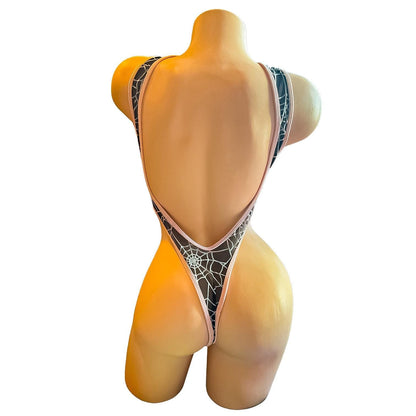 Criss - Cross Thong Monokini - Black + White Spiderweb Mesh with Pink Contrasting Trim - GrlFriday Shop