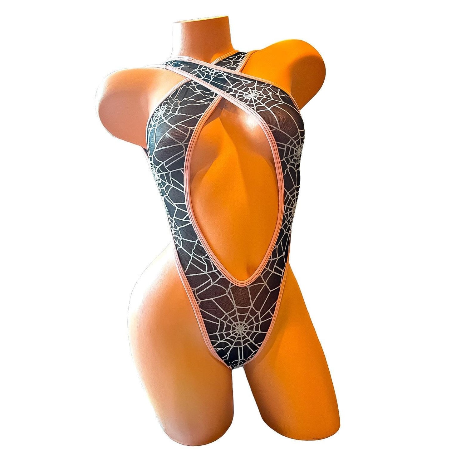 Criss - Cross Thong Monokini - Black + White Spiderweb Mesh with Pink Contrasting Trim - GrlFriday Shop