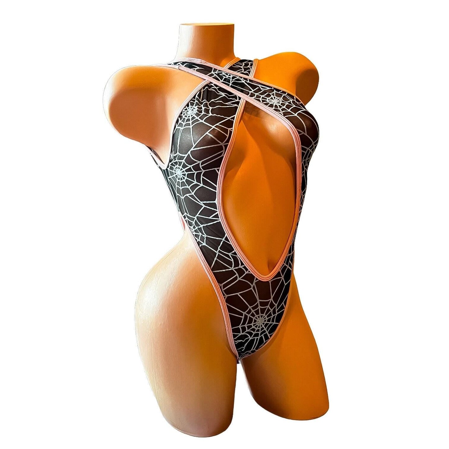 Criss - Cross Thong Monokini - Black + White Spiderweb Mesh with Pink Contrasting Trim - GrlFriday Shop