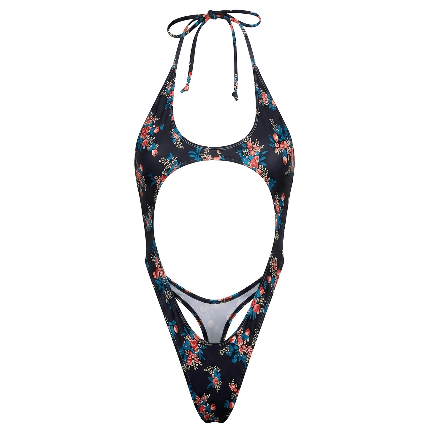 Cutout Thong One Piece - Black + Floral Rose - GrlFriday Shop