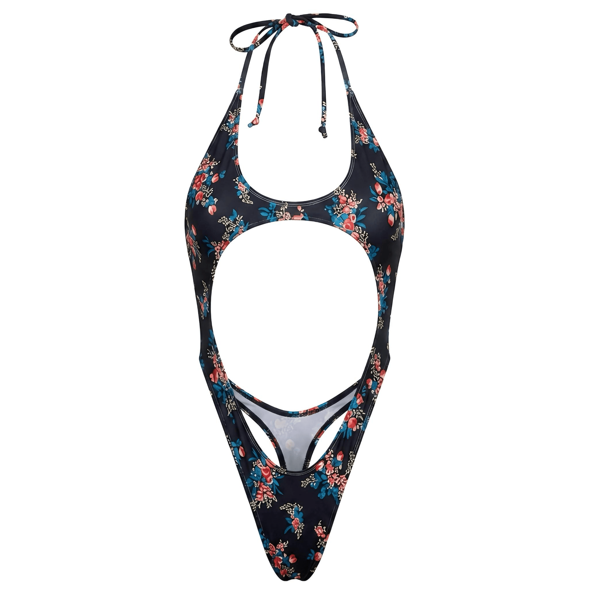 Cutout Thong One Piece - Black + Floral Rose - GrlFriday Shop