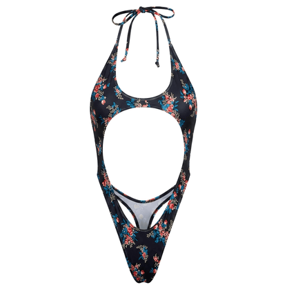 Cutout Thong One Piece - Black + Floral Rose - GrlFriday Shop