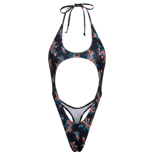 Cutout Thong One Piece - Black + Floral Rose - GrlFriday Shop
