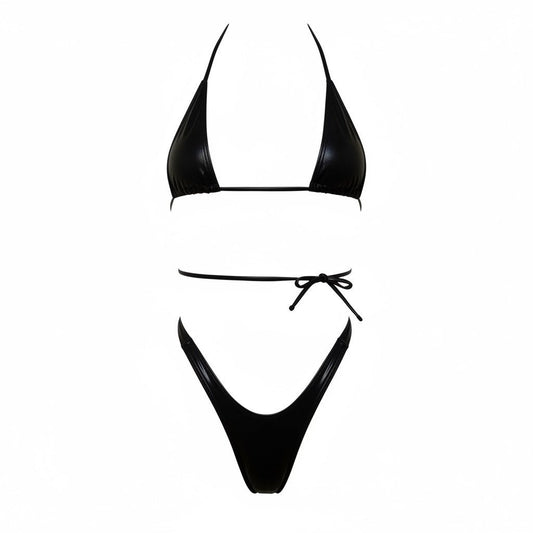 Glossy Black Retro High Cut Thong Tri - Kini Set - GrlFriday Shop