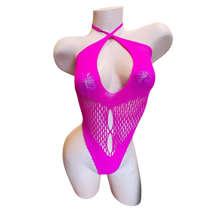 Hot Pink Halter Keyhole Fishnet Bodysuit - EXOTIC DANCEWEAR - GrlFriday Shop