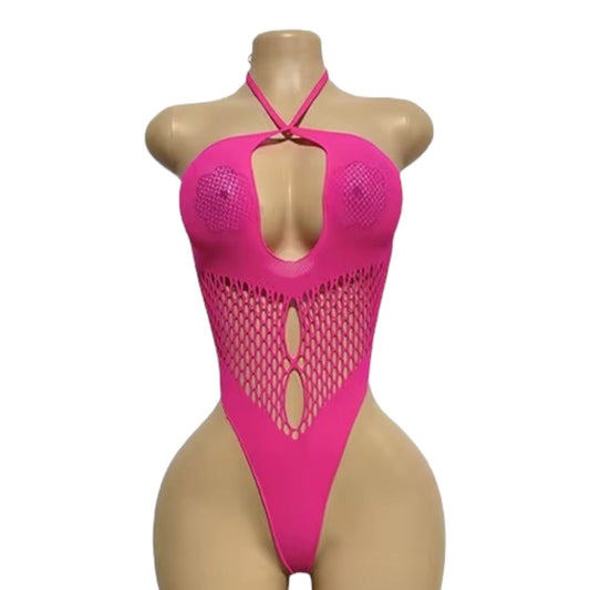 Hot Pink Halter Keyhole Fishnet Bodysuit - EXOTIC DANCEWEAR - GrlFriday Shop