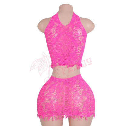 Hot Pink Lace Sheer Mesh Fishnet Mini Skirt + Halter Top 2 Piece Set - GrlFriday Shop