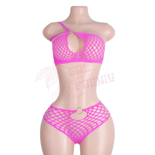 Hot Pink Mesh Halter Bikini Set with O - Rings - GrlFriday Shop
