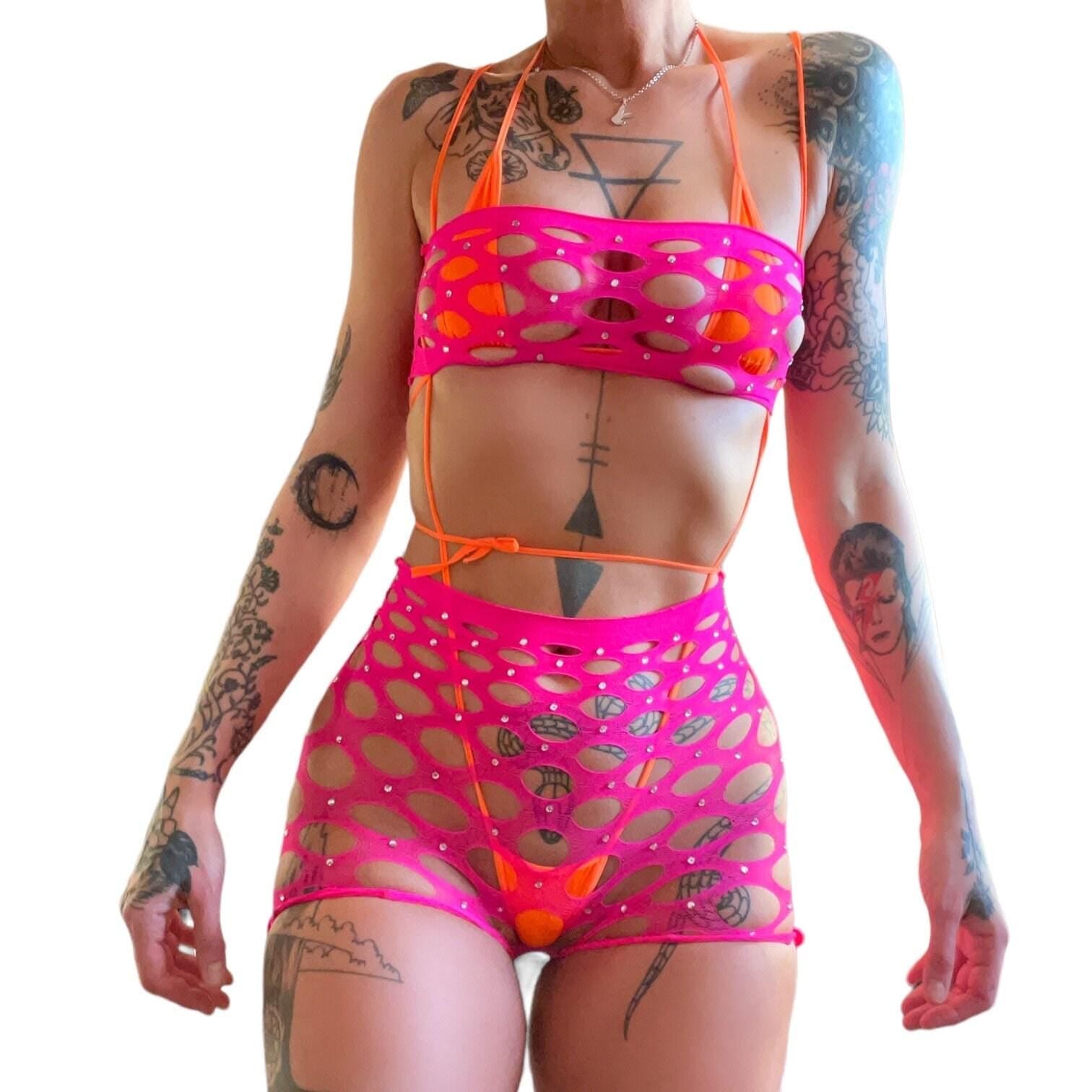 HOT Pink Rhinestoned Mesh Short Set - GrlFriday Shop