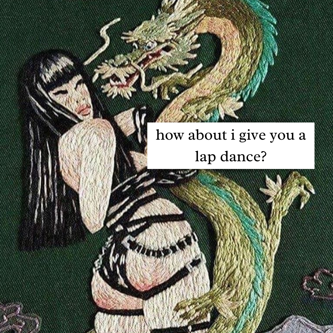 stripper meme of a dragon holding a girl in lingerie and age looks scared. with the caption “how about i give you a lap dance?” over the dragon. stripper humor.