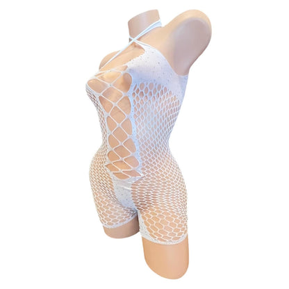 Icy White Mesh Rhinestoned Shorts Romper - GrlFriday Shop