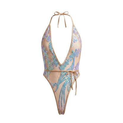 Iridescent Sequin Nude Mesh Thong One-Piece - GrlFriday Shop