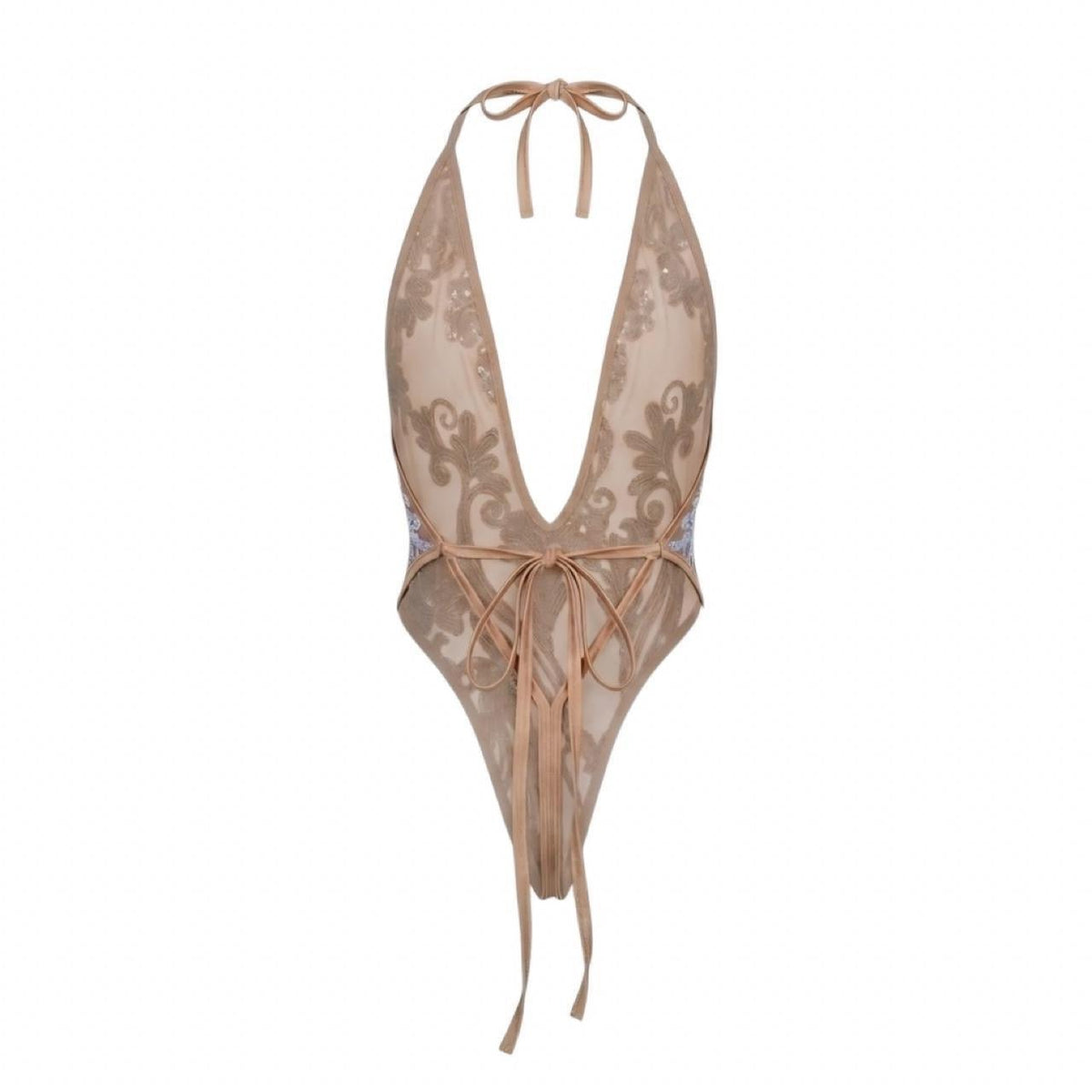 Iridescent Sequin Nude Mesh Thong One-Piece - GrlFriday Shop