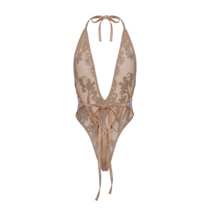 Iridescent Sequin Nude Mesh Thong One-Piece - GrlFriday Shop