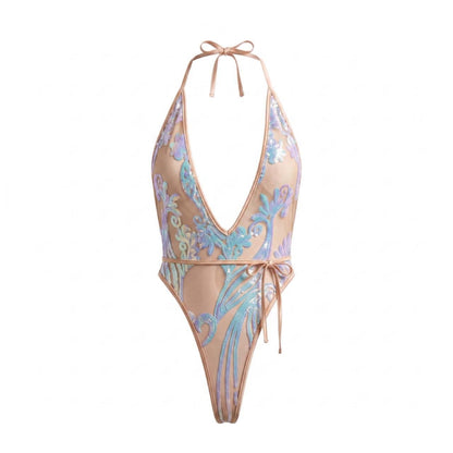 Iridescent Sequin Nude Mesh Thong One-Piece - GrlFriday Shop